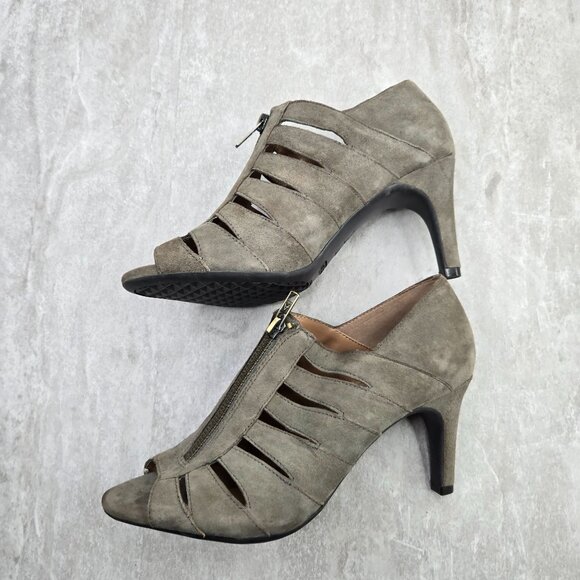 Aerosoles Peep Toe Ankle Bootie Suede Greem Moto Zip High Heel Shoe Boot  Sz 7.5 - Picture 6 of 12